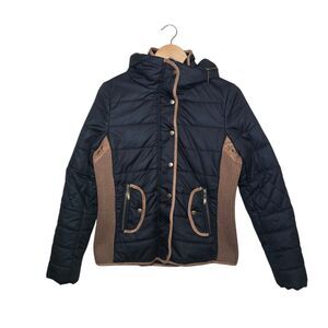 MONTANACO Women's Small Black Brown Puffer Jacket Knit Sides Faux Suede Zip-Up